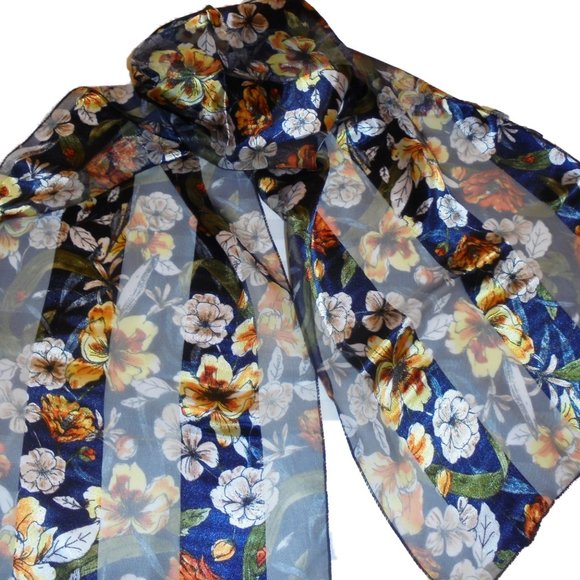 Scarf floral satin chiffon dark blue - gold - Picture 2 of 5
